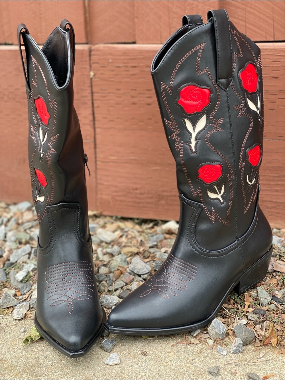 TOP Moda Black Western Boots with Red Rose Inlay